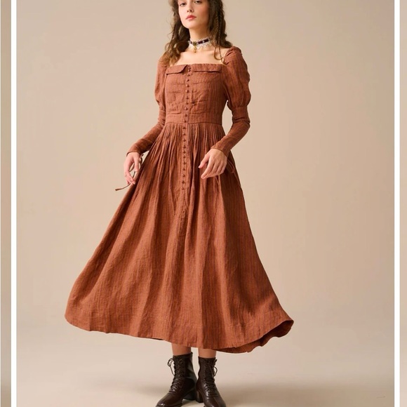 LINENNAIVE Nicola 33 Regency striped dress amber brown size large NWT - Picture 7 of 16